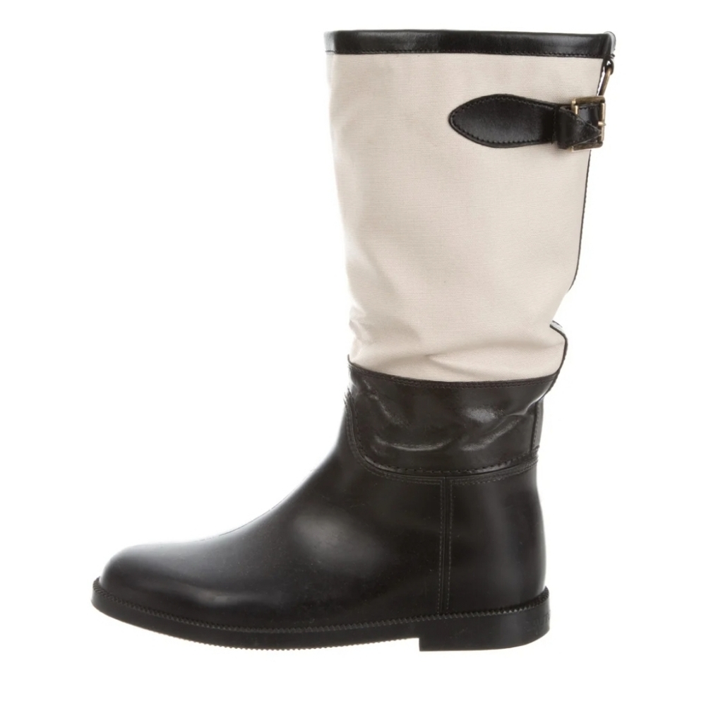 Burberry Canvas Uppers, Leather Trim and Rubber Boots, Size 9